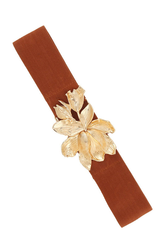 Gold Floral Buckle Elastic Belt