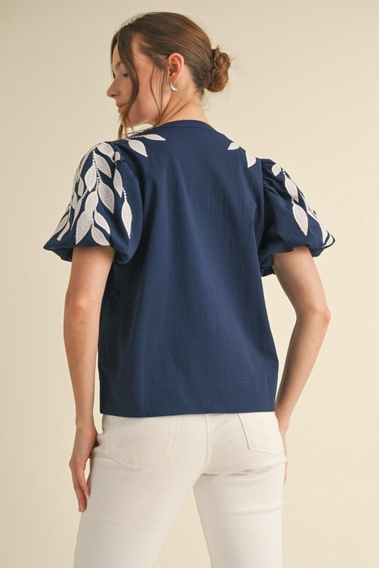 Navy Leaf Embroidered Puff Sleeve Top