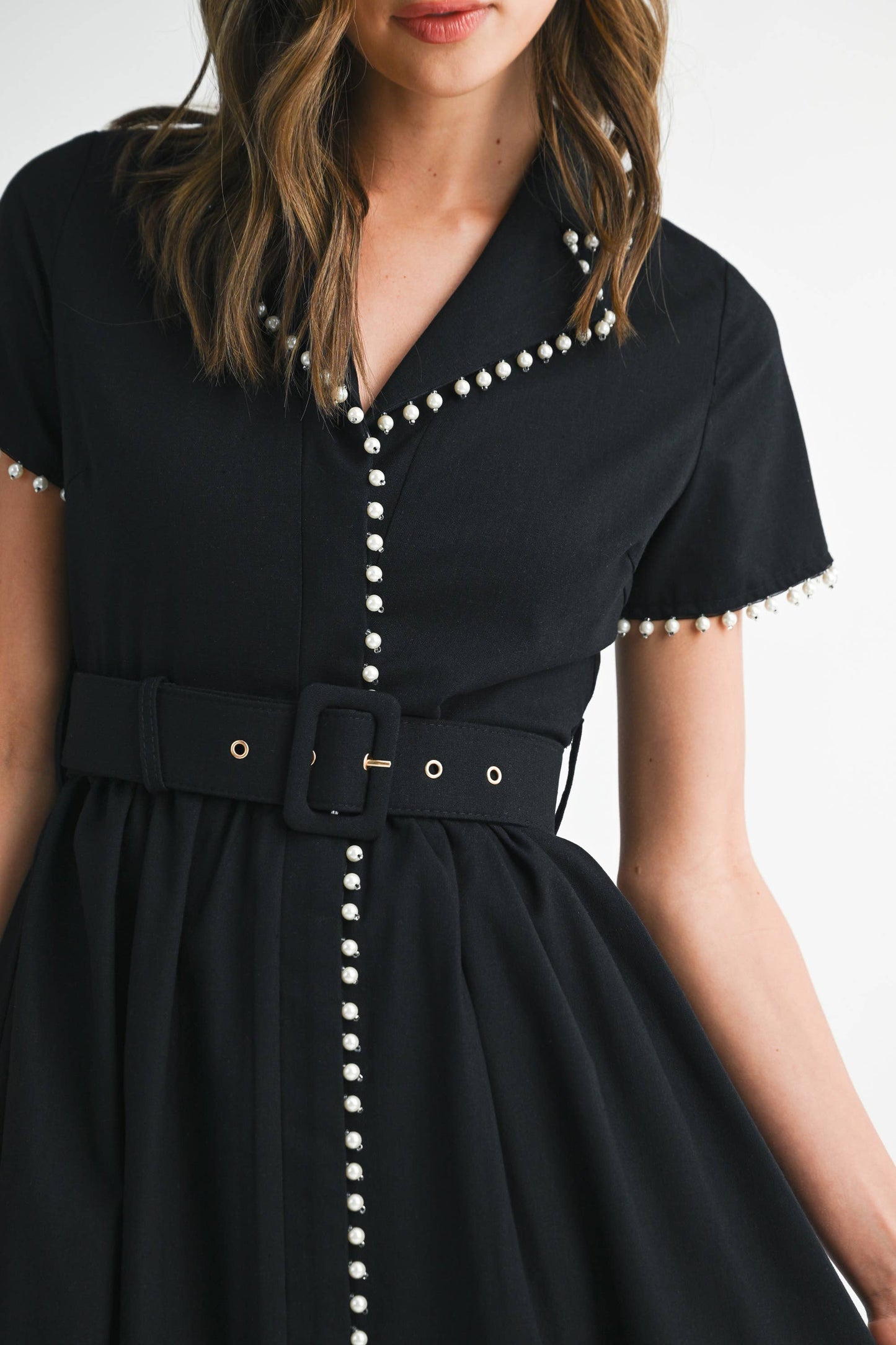 TWO TONE LINEN COLOR SHORT SLEEVE COLLARED MIDI DRESS WITH PEARL DETAIL (Copy)