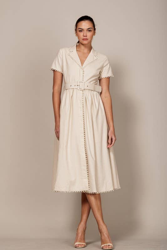 TWO TONE LINEN COLOR SHORT SLEEVE COLLARED MIDI DRESS WITH PEARL DETAIL (Copy)