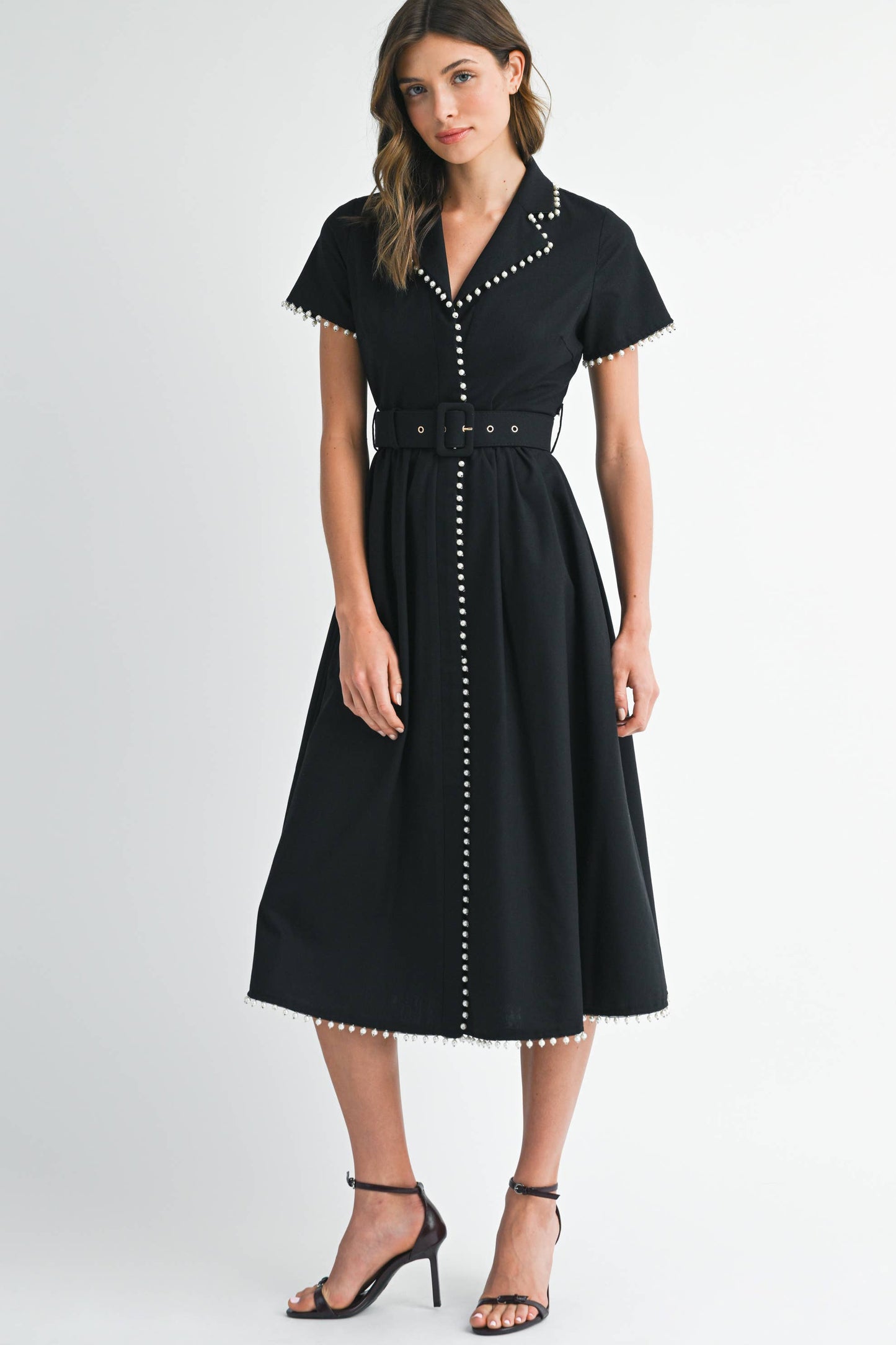 BLACK SHORT SLEEVE COLLARED MIDI DRESS WITH PEARL DETAIL