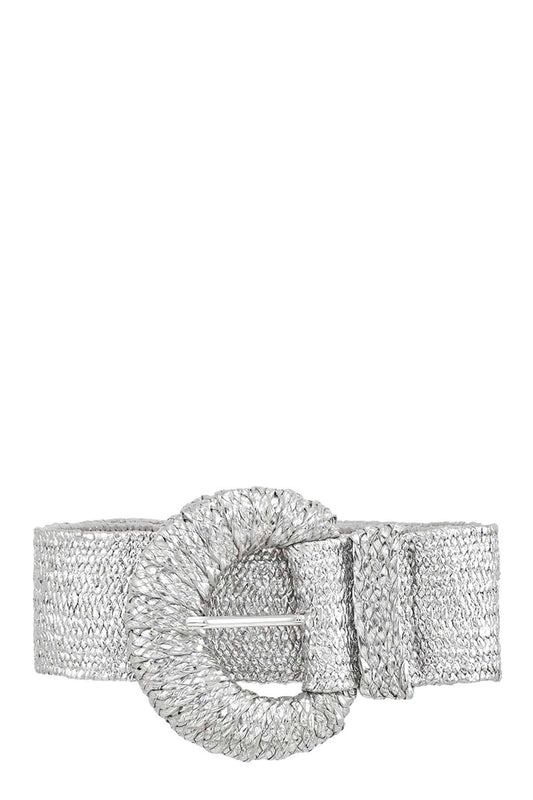 HALF CIRCLE BUCKLE METALLIC FEEL STRAW BELT