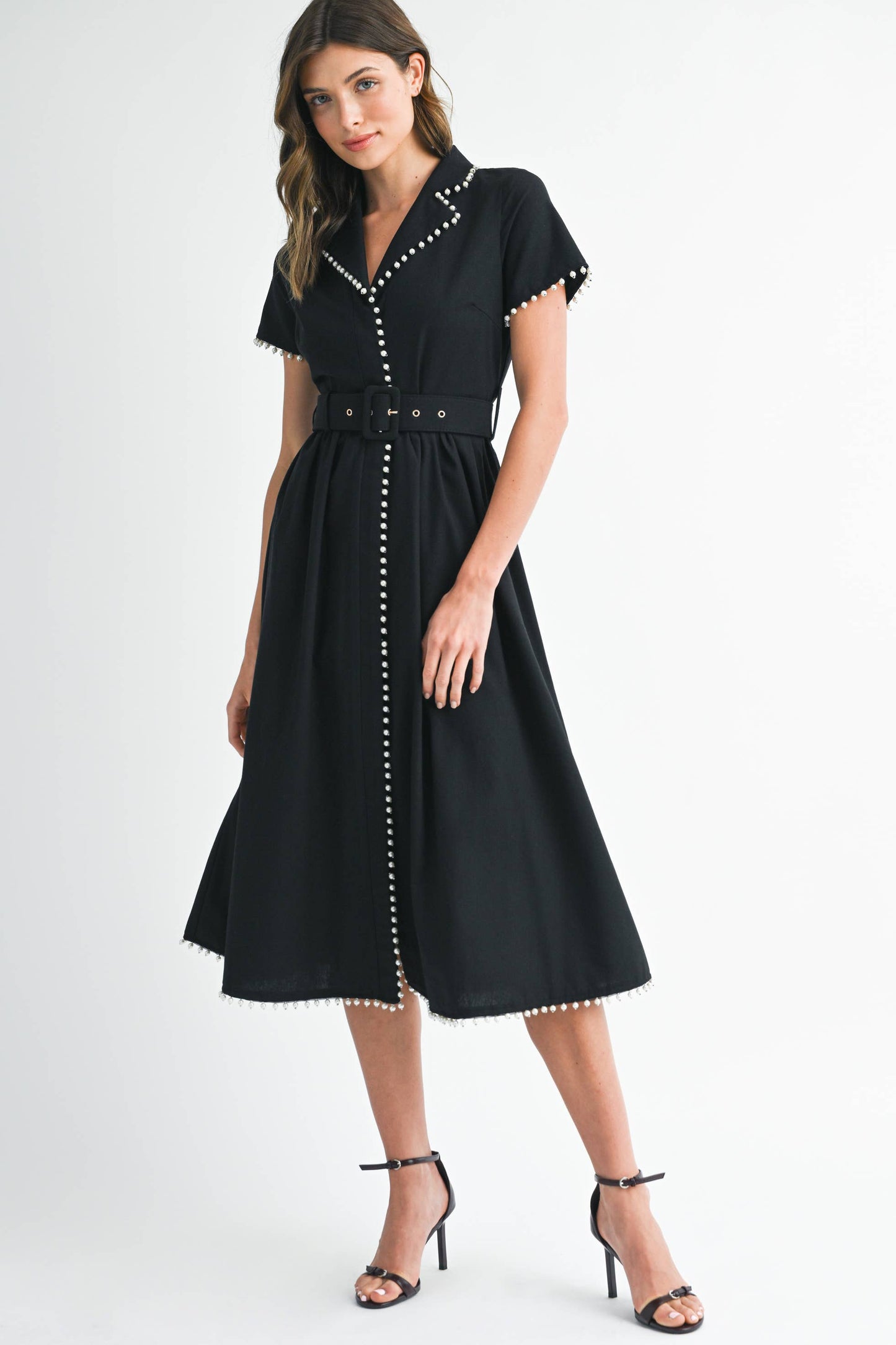 BLACK SHORT SLEEVE COLLARED MIDI DRESS WITH PEARL DETAIL
