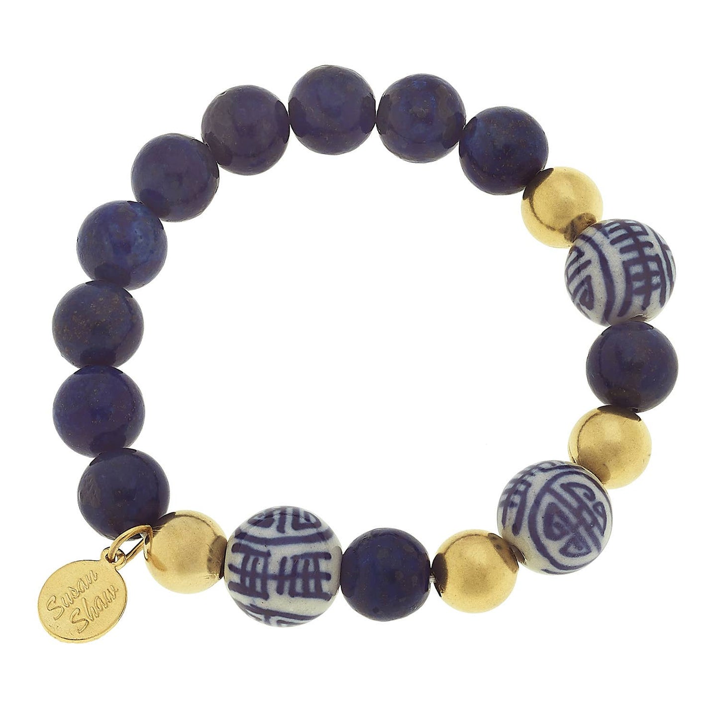Lapis & Gold/Porcelain Bead Stretch Bracelet