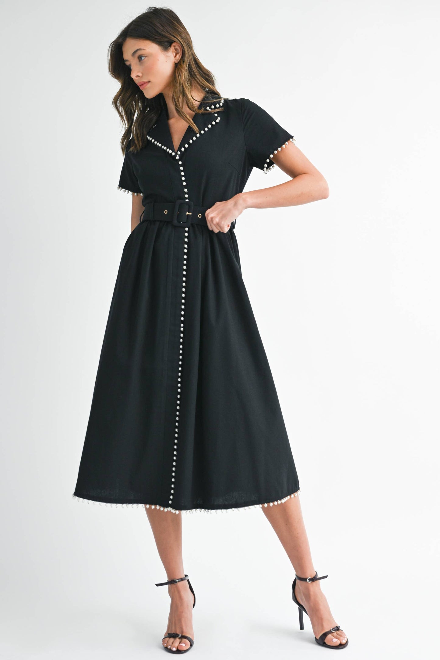 BLACK SHORT SLEEVE COLLARED MIDI DRESS WITH PEARL DETAIL