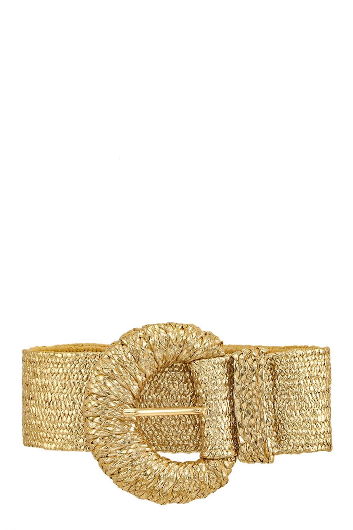 HALF CIRCLE BUCKLE METALLIC FEEL STRAW BELT