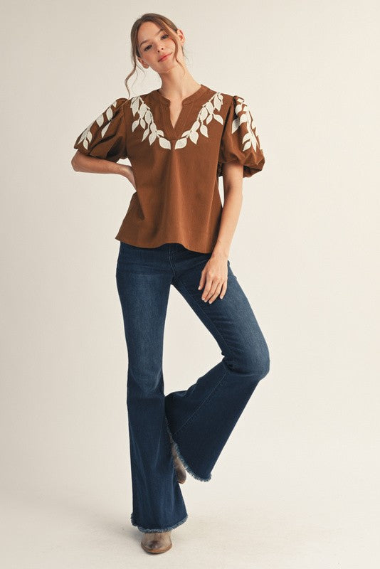 Brown Leaf Embroidered Puffed Sleeves Top