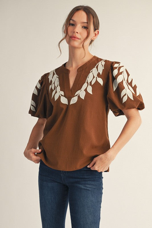Brown Leaf Embroidered Puffed Sleeves Top