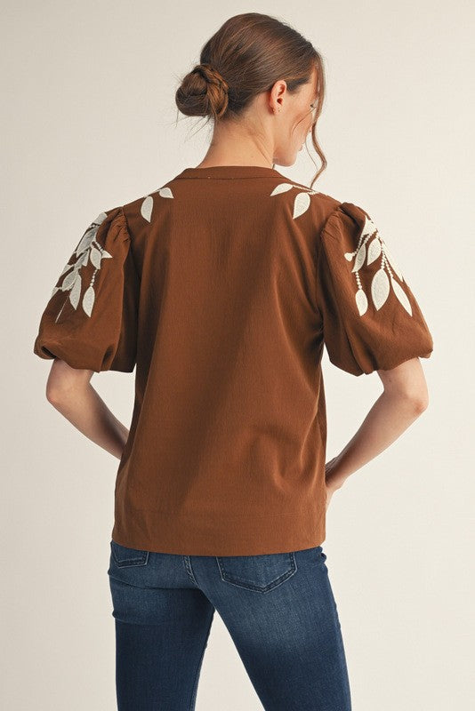 Brown Leaf Embroidered Puffed Sleeves Top
