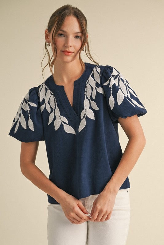 Navy Leaf Embroidered Puff Sleeve Top