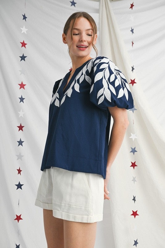 Navy Leaf Embroidered Puff Sleeve Top