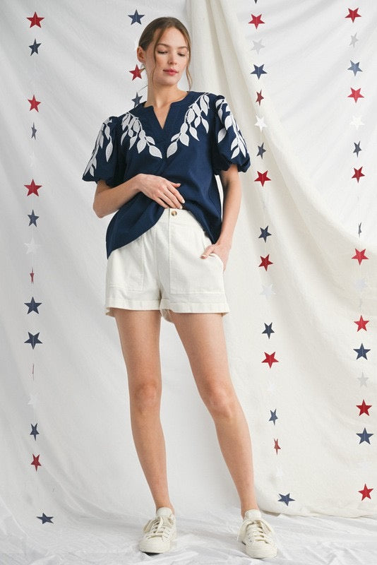 Navy Leaf Embroidered Puff Sleeve Top