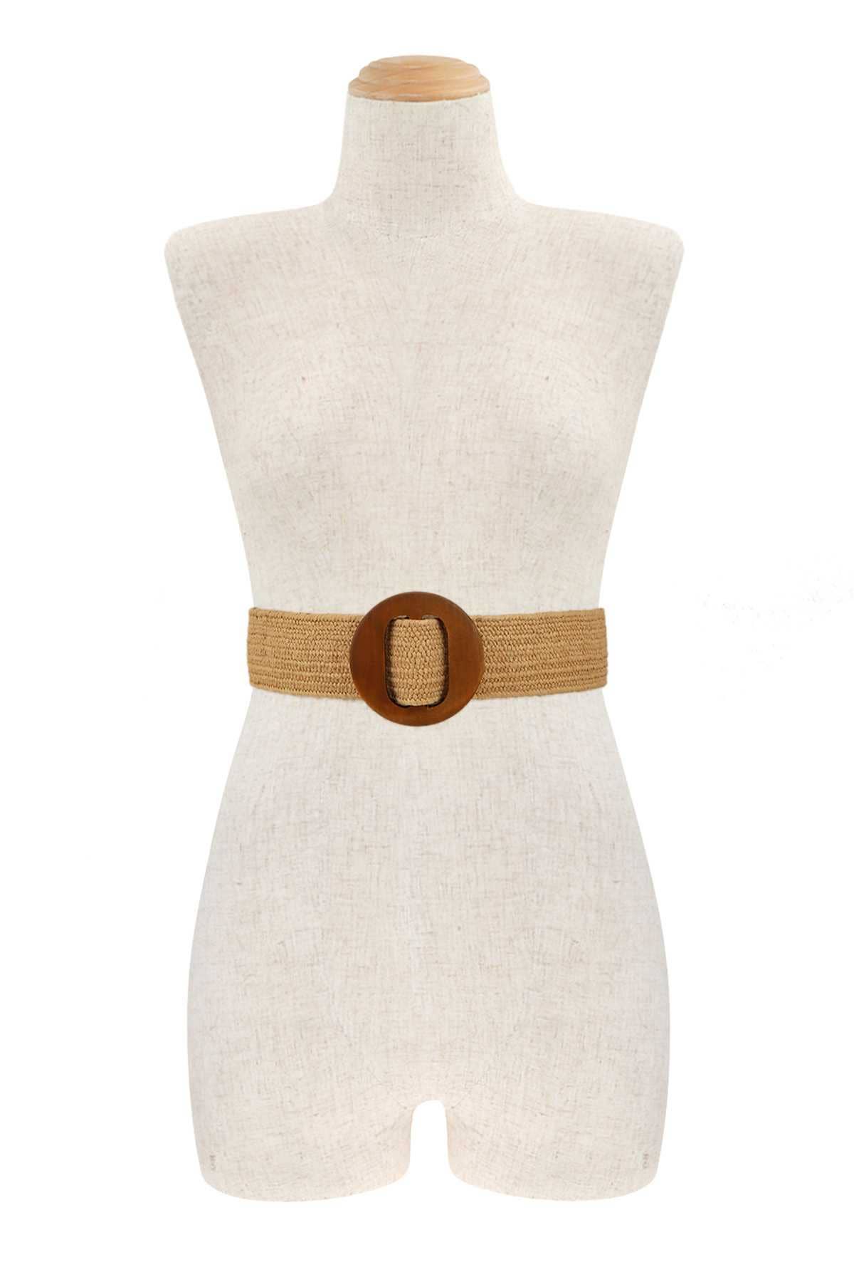 ELASTIC STRAW BELT WITH WOOD BUCKLE ACCENT IW50102-1