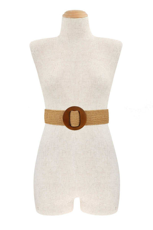 ELASTIC STRAW BELT WITH WOOD BUCKLE ACCENT IW50102-1