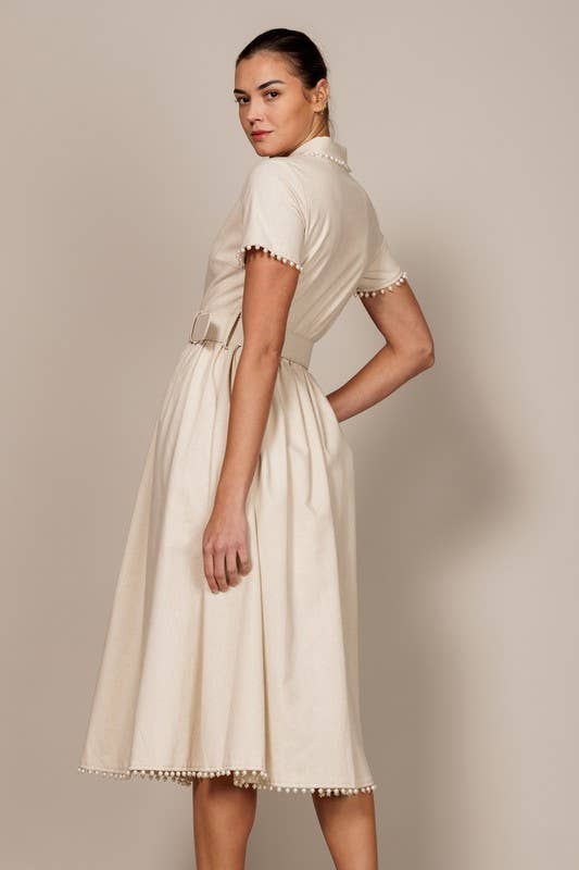 BLACK SHORT SLEEVE COLLARED MIDI DRESS WITH PEARL DETAIL